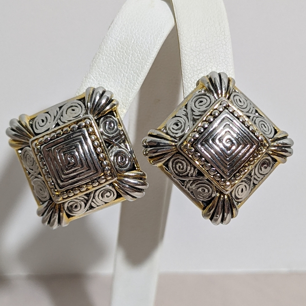 Vtg Silver/Gold Two-Tone Square Chunky Metal Filigree Earrings 80s